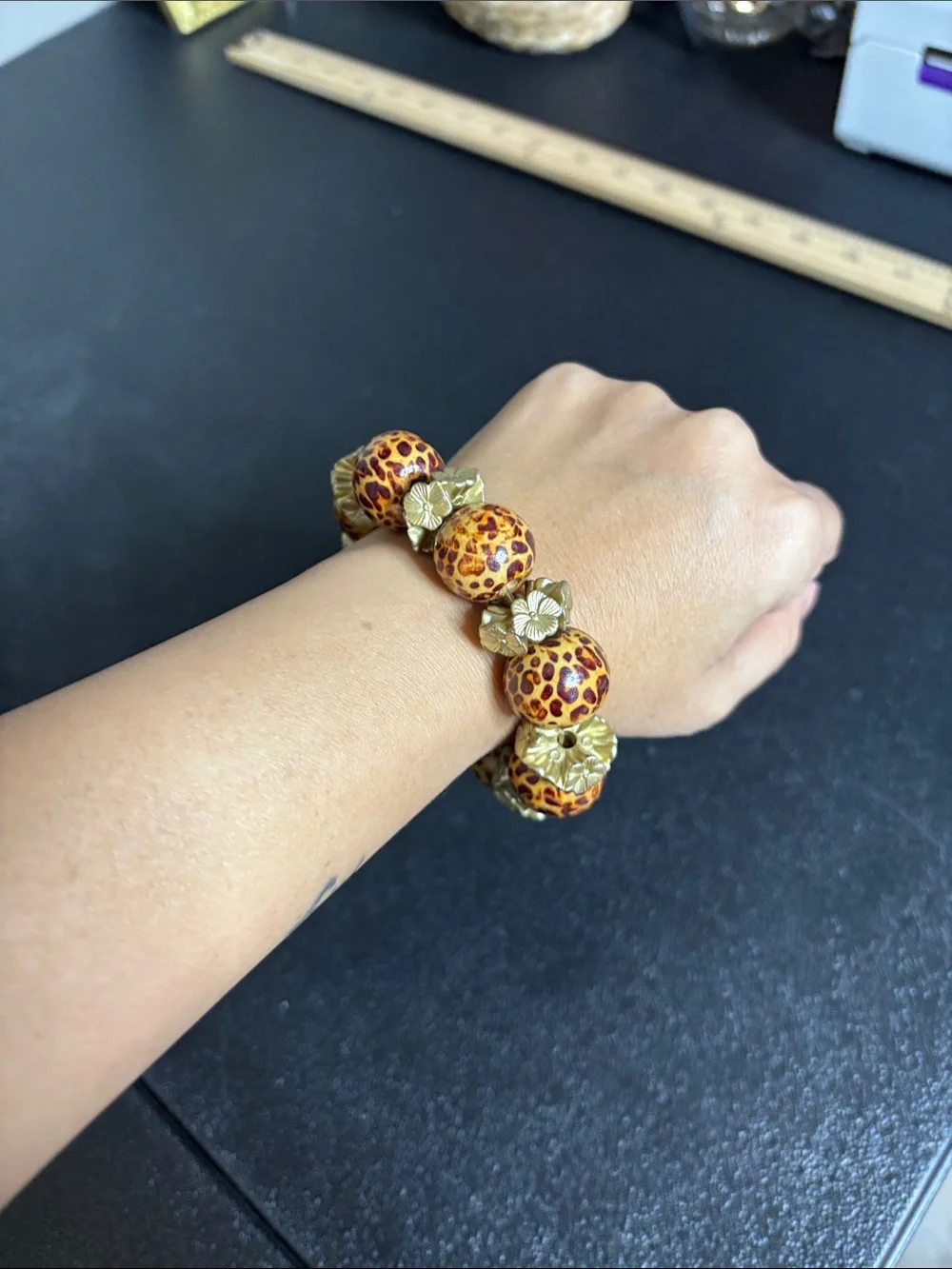 Gold Floral & Leopard Bead Stretch Statement Bracelet - Women Jewelry Boho
